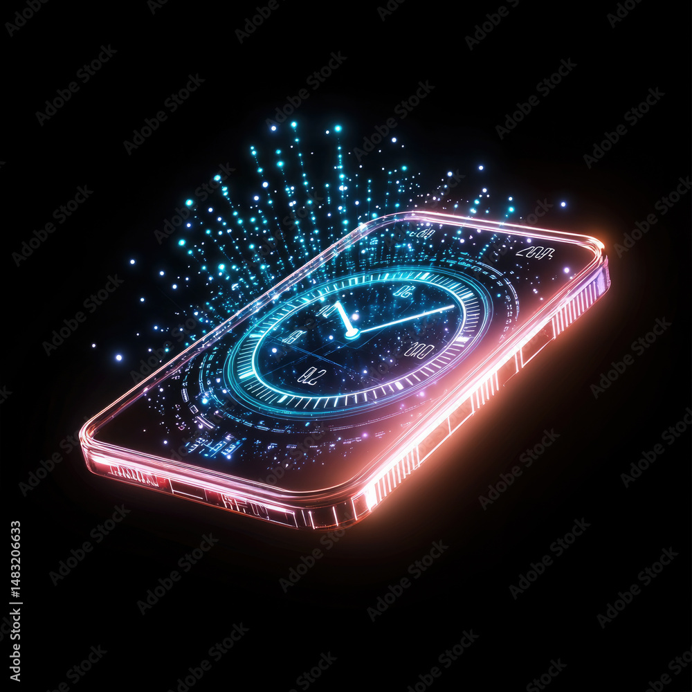 Aufkleber Futuristic smartphone hologram user interface digital glowing technology innovation isolated black background