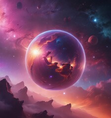 Mysterious luminescent sphere floats in vibrant nebula, cosmic scene ,  glowing,  galaxy