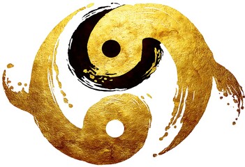 Golden Yin Yang Symbol with Abstract Brushstroke Texture on White Background