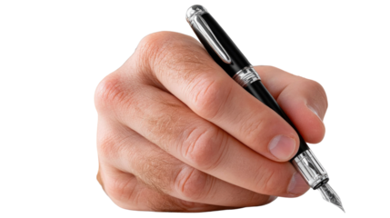 Hand Writing with Fountain Pen: A close-up shot of a hand elegantly holding and using a fountain pen, ready to write or sign.  The image conveys a sense of professionalism, precision and creativity.