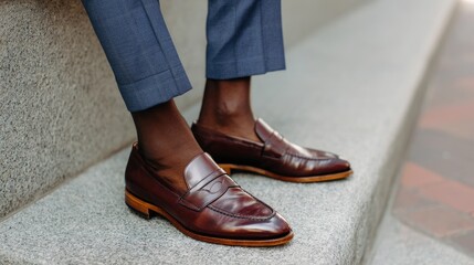 Brown leather loafers on stairs