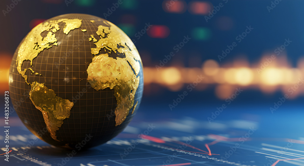 Poster golden earth globe displayed on stock market chart with candlestick graph and bokeh lights and detai