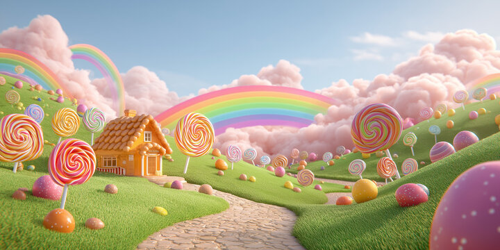 Magical candy land with gingerbread house and colorful rainbows in pink clouds
