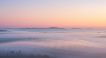Fototapeta premium Serene Sunrise Landscape Misty Mountains and Pastel Sky at Dawn