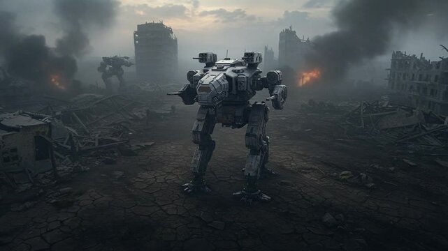 Futuristic robot standing amidst ruins of war and destruction landscape