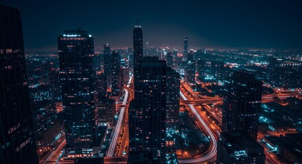 Fototapeta premium Night view showcases skyscrapers illuminating a sprawling cityscape with busy highway traffic.