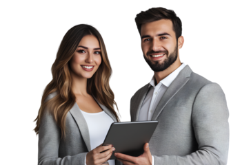 A smiling business woman and man holding an iPad, transparent background, light gray suit with a white shirt, professional photography, white background, transparent PNG cutout.