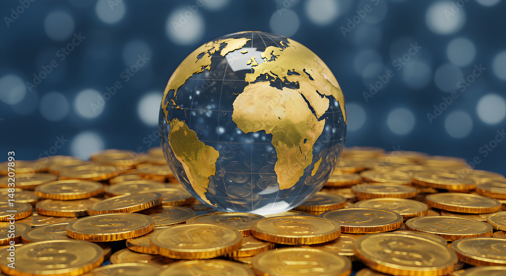 Poster golden world globe resting on pile of coins with bokeh background showcasing global wealth and prosp