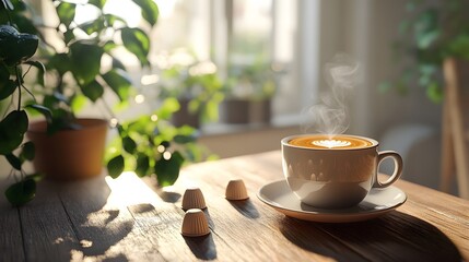 Obraz premium Chic arrangement of biodegradable coffee pods with a warm cup of coffee on a wooden table in a cozy environment