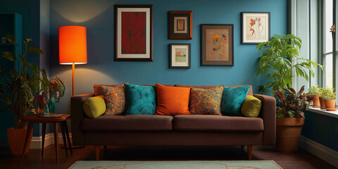 Fototapeta premium Warm cozy living room with blue wall, brown sofa, vibrant pillows, and bold orange lamp 