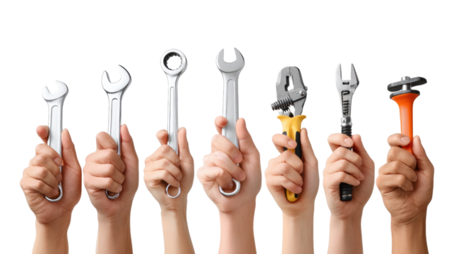 Handy Tool Collection: A vibrant collection of various tools held by hands, showcasing the diversity and potential of a handyman's toolkit. This collection is ideal for projects, repairs.