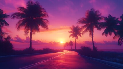 Neon road palm tree lined sunset horizon retrowave style glowing lights vivid picture