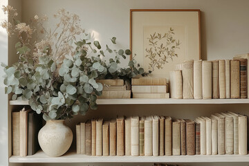 A vase with a plant on a bookshelf.