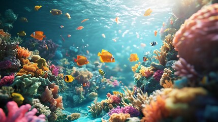 Obraz premium Vibrant Coral Reef: Sunlit Ocean Scene with Colorful Fish
