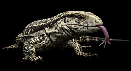 Naklejka premium Lizard Extending Tongue Close Up Against Black Background