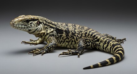 Fototapeta premium Lizard Posing on Gray Background Exotic Reptile Close-up