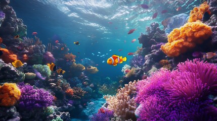 Naklejka premium Vibrant Coral Reef: A Serene Underwater Scene with Colorful Fish