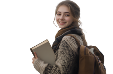 A smiling young woman student holding an open book and wearing a white shirt with a backpack, isolated on a transparent PNG background.
