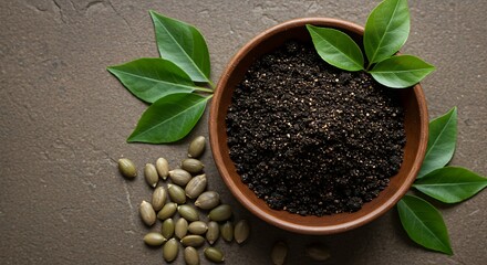Earthy Brown Bowl of Ground Seeds with Lush Green Leaves