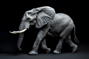 Fototapeta premium A detailed gray elephant walking with tusks visible against a dark black studio background setting