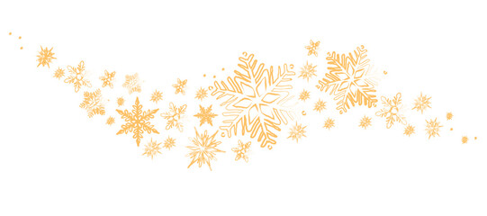 Cartoon illustration of a golden wave of wind with snowflakes on a white background. Decorative and festive design element for winter or holiday greeting cards
