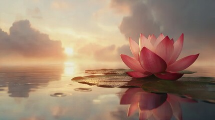 Peaceful lotus flower resting on water at sunrise.