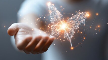 Hand releasing digital sparks, creative concept of innovation and ideas, modern aesthetic with room for text.