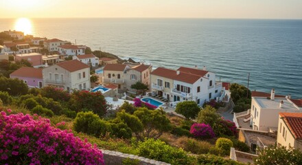 Naklejka premium Coastal village at sunset, with colorful houses and a pool