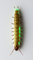 Bioluminescent larva glowing atop plain surface