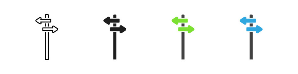 Signpost icon set. Arrow direction icon in vector design style. Graphic sign arrow navigation. Route travel icons.