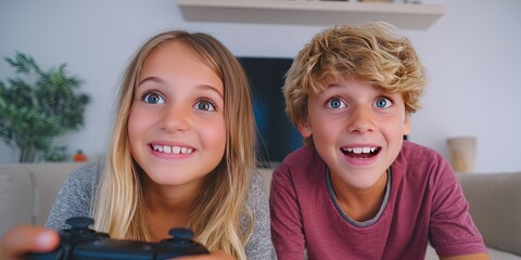 photo of happy kids playing video game -