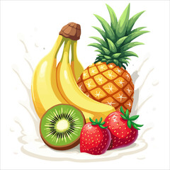 Vector design. Pineapple, 
banana, kiwi, strawberry berry, cream
splashes of milk yogurt isolated 
on transparent background. Drawing for paper, 
fruit juice label, ice cream, food packaging.