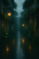 Mystical Solarpunk Alley After Rain with Solar Lanterns, Wet Cobblestone Reflections, Hanging Vines and Wind Chimes - No People, Atmospheric Evening Scene