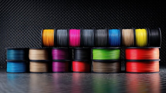 Colorful spools of 3D printing filament