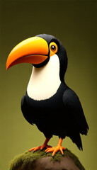 Fototapeta premium Colorful Cartoon Toucan on Mossy Rock, Whimsical Wildlife Illustration