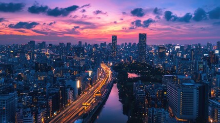 Fototapeta premium Vibrant cityscape panorama at twilight.