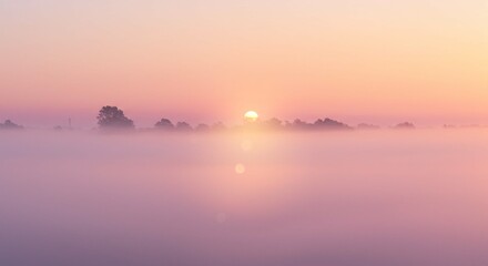 Serene Sunrise Over Foggy Landscape Peaceful Dawn Mist Soft Pink Sky