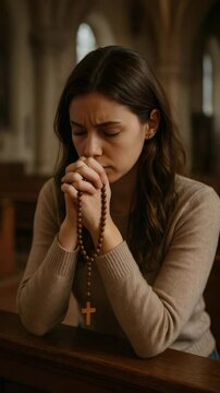 Woman praying with rosary beads in church seeking faith and spiritual guidance through christian prayer 4k uhd video