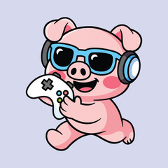 Cute Gaming Pig Character with Headphones and Sunglasses
