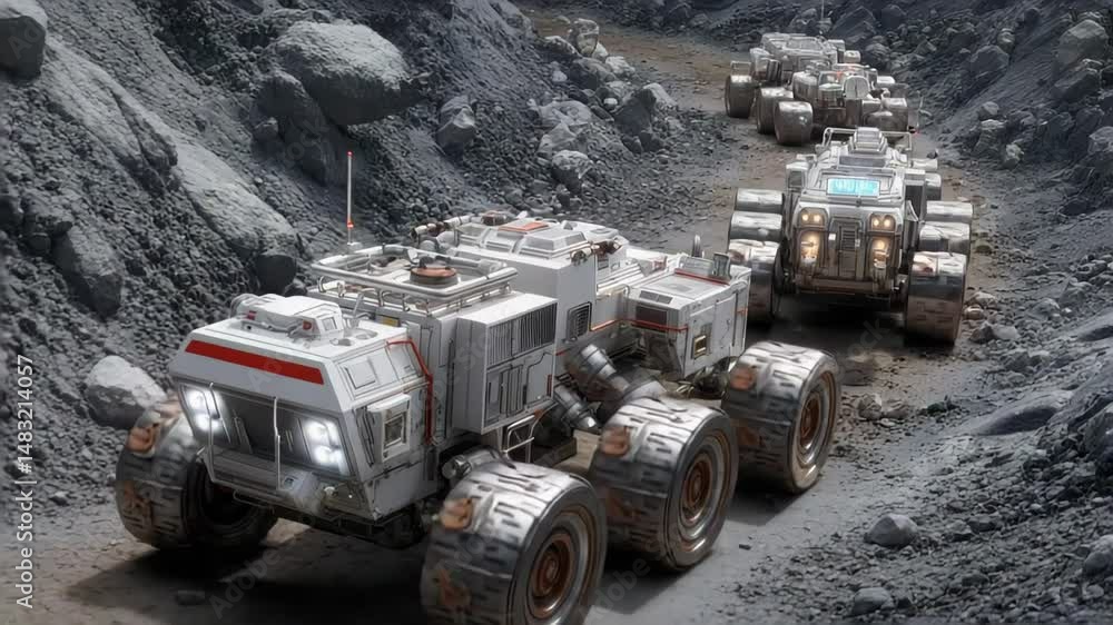 Poster advanced mining robots navigate rugged terrain, showcasing futuristic technology and design