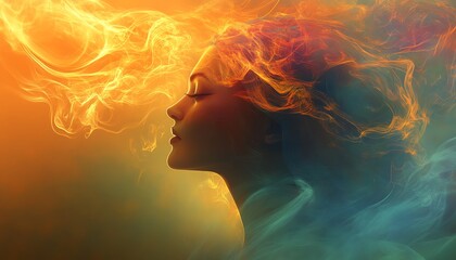 Woman engulfed in vibrant, fiery smoke. Abstract art.