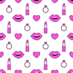 Romantic cute seamless pattern with lips, rings, hearts and lipsticks on white background. Design for girls. Valentine's Day, February 14