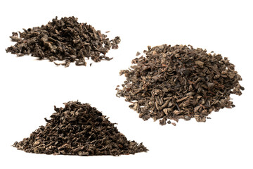 Dried tea leaves isolated on a white background.