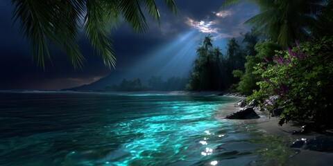 Starlit tropical cove with shimmering waters and moonlight illuminating lush palm trees and vibrant foliage by the shore