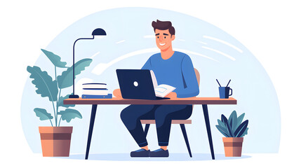 Educational Cartoon Flat Illustration of a Studious Guy Student Sitting in Classroom Setting