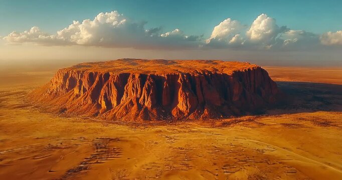 Aerial view of a majestic mountain in the middle of a vast desert landscape.