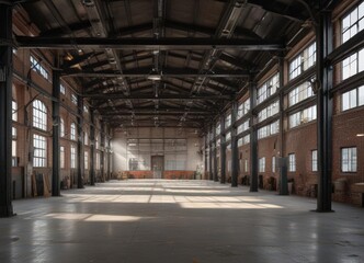 Industrial loft interior  High ceilings, exposed ductwork, metal beams , interior, space, factory interior