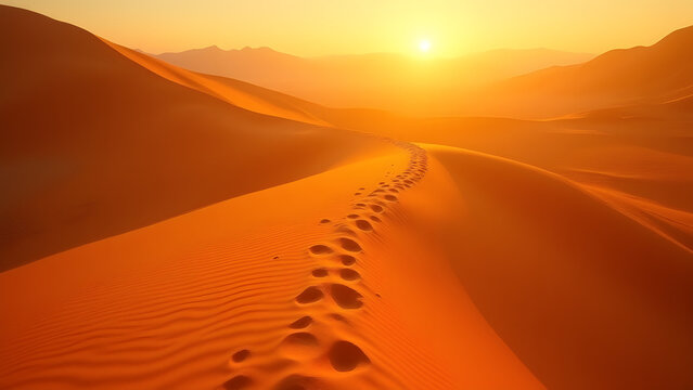 Sunset desert path through orange dunes, detailed footprints, warm earth tones, endless sandy trail, adventure landscape.