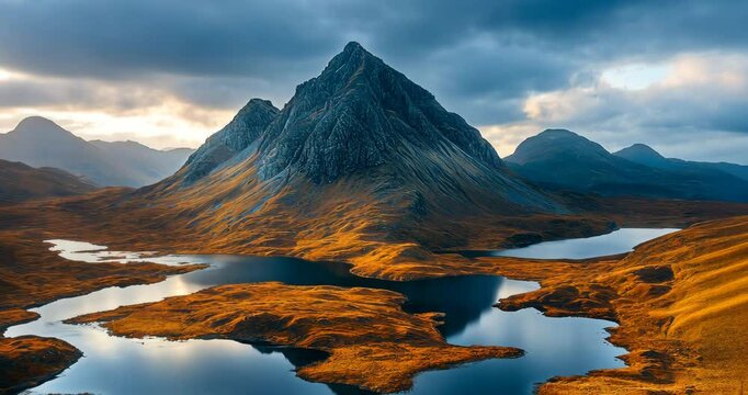 A breathtaking aerial view of a majestic mountain range with tranquil lakes reflecting the dramatic sky.