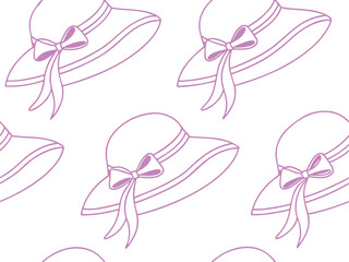 Seamless pattern of elegant summer hats with ribbons in pink outline style. Feminine fashion accessory design for seasonal themes. Ideal for textiles, wrapping, and stylish projects.